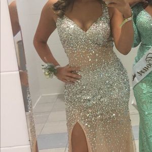 Nude sparkly prom dress slit crystal silver mermai
